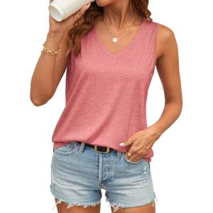 imageATHMILE Womens Tank Top V Neck Flowy Summer Tee Shirts Casual Basic Solid Color Trendy Beach Sleeveless Tops 2025Coral