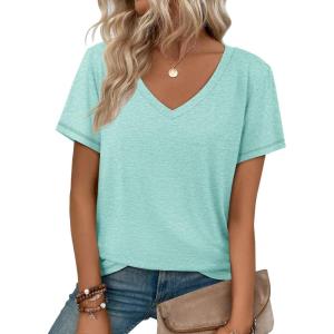 imageATHMILE Womens Tops Shirts for Women Short Sleeve V Neck Tee Summer Fashion Trendy Soft Casual Spring Clothes Outfits BeachAqua