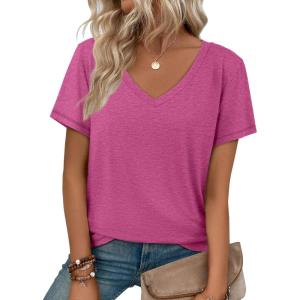 imageATHMILE Womens Tops Shirts for Women Short Sleeve V Neck Tee Summer Fashion Trendy Soft Casual Spring Clothes Outfits BeachHotpink