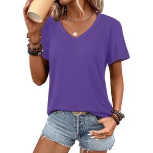 imageATHMILE Womens V Neck Short Sleeve Summer T Shirts Curved Hem Plain Top BeachPurple