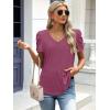 imageATHMILE Womens Summer Shirt V Neck Casual Tshirts Puff Sleeve Tops for Women Trendy 2025 Tunic Solid ColorPurple Red