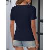 imageATHMILE Womens Summer Short Sleeve V Neck Ribbed Knit Button Tunic Henley Solid Color Trendy BasicTeeNavy