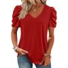 imageATHMILE Womens Summer Shirt V Neck Casual Tshirts Puff Sleeve Tops for Women Trendy 2025 Tunic Solid ColorRed