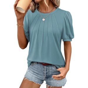 imageATHMILE Womens Cute Summer Tops Puff Short Sleeve Shirts Dressy Blouses Trendy Business Casual OutfitsBlue Green