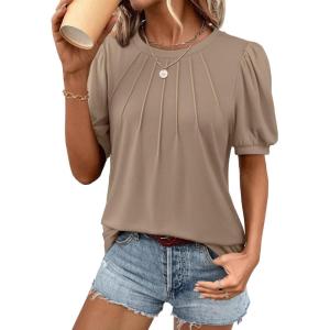 imageATHMILE Womens Cute Summer Tops Puff Short Sleeve Shirts Dressy Blouses Trendy Business Casual OutfitsKhaki