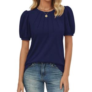 imageATHMILE Womens Cute Summer Tops Puff Short Sleeve Shirts Dressy Blouses Trendy Business Casual OutfitsNavy