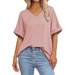 imageATHMILE Womens Oversized T Shirts Loose Fit V Neck Short Sleeve Summer Casual Blouse 2025 Y2K Tee TopsPink