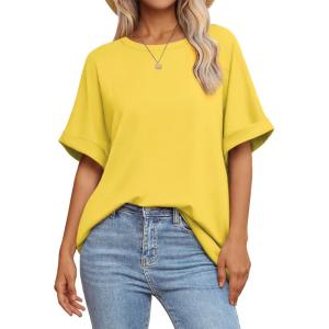 imageATHMILE Womens Oversized T Shirts Summer Tops Spring Casual Loose Fit Workout Short Sleeve 2025 Beach VacationLemon Yellow