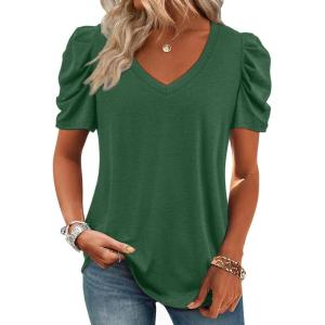 imageATHMILE Womens Summer Shirt V Neck Casual Tshirts Puff Sleeve Tops for Women Trendy 2025 Tunic Solid ColorDark Green