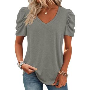 imageATHMILE Womens Summer Shirt V Neck Casual Tshirts Puff Sleeve Tops for Women Trendy 2025 Tunic Solid ColorGrey