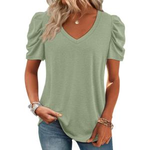 imageATHMILE Womens Summer Shirt V Neck Casual Tshirts Puff Sleeve Tops for Women Trendy 2025 Tunic Solid ColorGrey Green