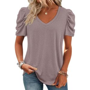 imageATHMILE Womens Summer Shirt V Neck Casual Tshirts Puff Sleeve Tops for Women Trendy 2025 Tunic Solid ColorGrey Purple