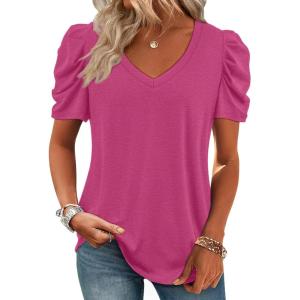 imageATHMILE Womens Summer Shirt V Neck Casual Tshirts Puff Sleeve Tops for Women Trendy 2025 Tunic Solid ColorHot Pink