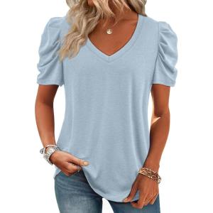 imageATHMILE Womens Summer Shirt V Neck Casual Tshirts Puff Sleeve Tops for Women Trendy 2025 Tunic Solid ColorIce Blue