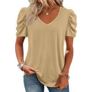 imageATHMILE Womens Summer Shirt V Neck Casual Tshirts Puff Sleeve Tops for Women Trendy 2025 Tunic Solid ColorKhaki