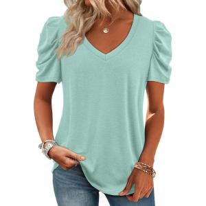 imageATHMILE Womens Summer Shirt V Neck Casual Tshirts Puff Sleeve Tops for Women Trendy 2025 Tunic Solid ColorLake Green
