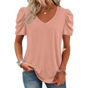 imageATHMILE Womens Summer Shirt V Neck Casual Tshirts Puff Sleeve Tops for Women Trendy 2025 Tunic Solid ColorPink