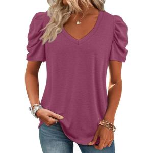 imageATHMILE Womens Summer Shirt V Neck Casual Tshirts Puff Sleeve Tops for Women Trendy 2025 Tunic Solid ColorPurple Red
