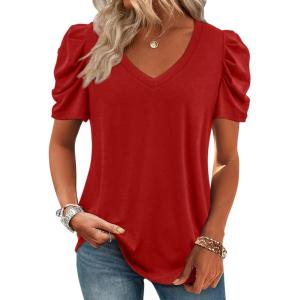 imageATHMILE Womens Summer Shirt V Neck Casual Tshirts Puff Sleeve Tops for Women Trendy 2025 Tunic Solid ColorRed