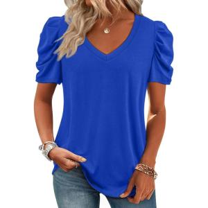 imageATHMILE Womens Summer Shirt V Neck Casual Tshirts Puff Sleeve Tops for Women Trendy 2025 Tunic Solid ColorRoyal Blue