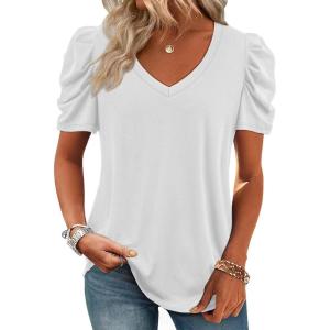 imageATHMILE Womens Summer Shirt V Neck Casual Tshirts Puff Sleeve Tops for Women Trendy 2025 Tunic Solid ColorWhite