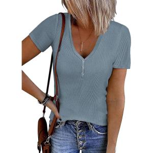 imageATHMILE Womens Summer Short Sleeve V Neck Ribbed Knit Button Tunic Henley Solid Color Trendy BasicTeeBluegrey
