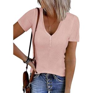 imageATHMILE Womens Summer Short Sleeve V Neck Ribbed Knit Button Tunic Henley Solid Color Trendy BasicTeePink