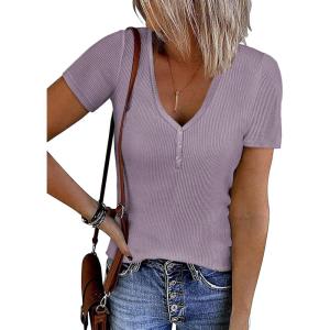 imageATHMILE Womens Summer Short Sleeve V Neck Ribbed Knit Button Tunic Henley Solid Color Trendy BasicTeeTaro