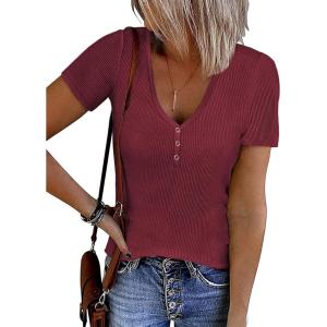 imageATHMILE Womens Summer Short Sleeve V Neck Ribbed Knit Button Tunic Henley Solid Color Trendy BasicTeeWinered