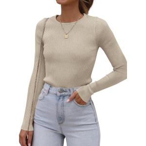 imageATHMILE Womens Ribbed Knit T Shirt Casual Crewneck Tops Short SleeveLong Sleeve Sweaters Slim Fit Basic TeesAlmond