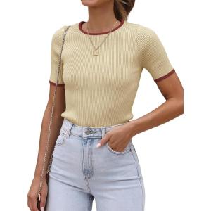 imageATHMILE Womens Ribbed Knit T Shirt Casual Crewneck Tops Short SleeveLong Sleeve Sweaters Slim Fit Basic TeesAlmondredshort Sleeve
