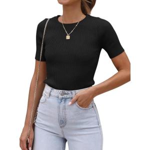 imageATHMILE Womens Ribbed Knit T Shirt Casual Crewneck Tops Short SleeveLong Sleeve Sweaters Slim Fit Basic TeesBlackshort Sleeve