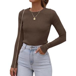 imageATHMILE Womens Ribbed Knit T Shirt Casual Crewneck Tops Short SleeveLong Sleeve Sweaters Slim Fit Basic TeesCoffee