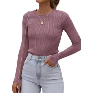 imageATHMILE Womens Ribbed Knit T Shirt Casual Crewneck Tops Short SleeveLong Sleeve Sweaters Slim Fit Basic TeesDark Pink