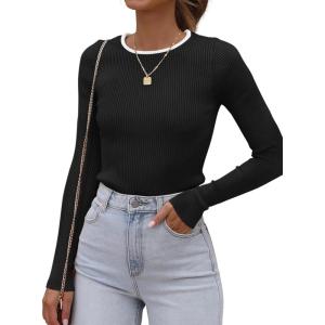 imageATHMILE Womens Ribbed Knit T Shirt Casual Crewneck Tops Short SleeveLong Sleeve Sweaters Slim Fit Basic TeesDim