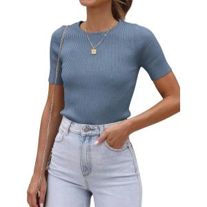 imageATHMILE Womens Ribbed Knit T Shirt Casual Crewneck Tops Short SleeveLong Sleeve Sweaters Slim Fit Basic TeesDustyblueshort Sleeve