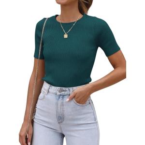 imageATHMILE Womens Ribbed Knit T Shirt Casual Crewneck Tops Short SleeveLong Sleeve Sweaters Slim Fit Basic TeesGreenshort Sleeve