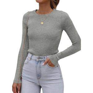 imageATHMILE Womens Ribbed Knit T Shirt Casual Crewneck Tops Short SleeveLong Sleeve Sweaters Slim Fit Basic TeesGrey