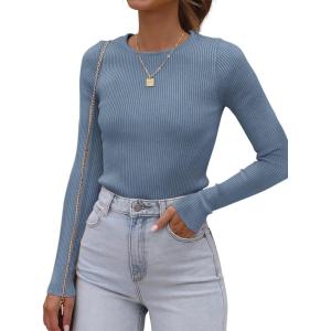 imageATHMILE Womens Ribbed Knit T Shirt Casual Crewneck Tops Short SleeveLong Sleeve Sweaters Slim Fit Basic TeesGrey Blue