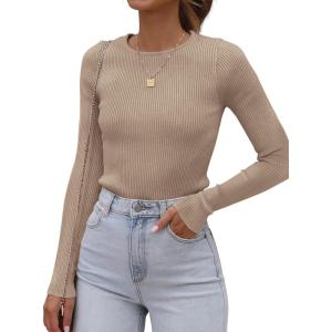 imageATHMILE Womens Ribbed Knit T Shirt Casual Crewneck Tops Short SleeveLong Sleeve Sweaters Slim Fit Basic TeesLight Coffee