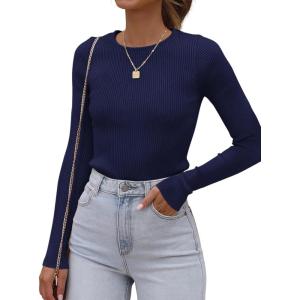 imageATHMILE Womens Ribbed Knit T Shirt Casual Crewneck Tops Short SleeveLong Sleeve Sweaters Slim Fit Basic TeesNavy