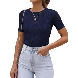 imageATHMILE Womens Ribbed Knit T Shirt Casual Crewneck Tops Short SleeveLong Sleeve Sweaters Slim Fit Basic TeesNavyshort Sleeve