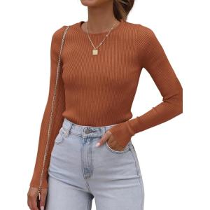 imageATHMILE Womens Ribbed Knit T Shirt Casual Crewneck Tops Short SleeveLong Sleeve Sweaters Slim Fit Basic TeesOrange