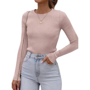 imageATHMILE Womens Ribbed Knit T Shirt Casual Crewneck Tops Short SleeveLong Sleeve Sweaters Slim Fit Basic TeesPink