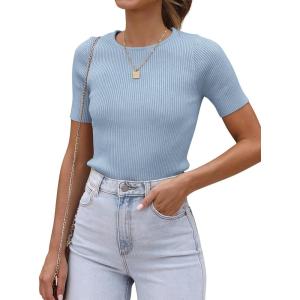 imageATHMILE Womens Ribbed Knit T Shirt Casual Crewneck Tops Short SleeveLong Sleeve Sweaters Slim Fit Basic TeesSkyblueshort Sleeve