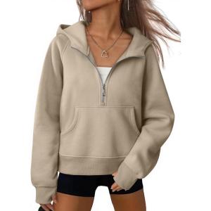 imageATHMILE Womens Hoodies Long Sleeve Fleece Quarter Zip Pullover Workout Oversized Sweatshirt Fall Winter Crop Jacket Tops 2025Coffeegrey