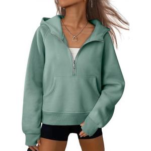 imageATHMILE Womens Hoodies Long Sleeve Fleece Quarter Zip Pullover Workout Oversized Sweatshirt Fall Winter Crop Jacket Tops 2025Green