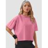 imageWomens Oversize Workout Crop Tops Casual Short Sleeve Drop Shoulder Boxy TShirts Roll Hem Basic Loose Yoga Running TeesPink
