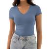 imageATHMILE Womens Deep V Neck Short Sleeve Slim Fit T Shirt Tops TeeHazeblue
