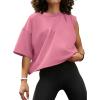imageWomens Oversize Workout Crop Tops Casual Short Sleeve Drop Shoulder Boxy TShirts Roll Hem Basic Loose Yoga Running TeesPink